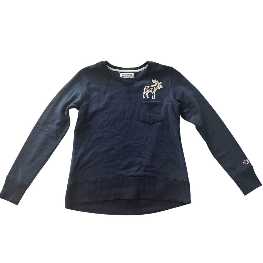 Champion Women's Size S Crewneck Navy Blue Sweatshirt Moose Up North Logo Pocket